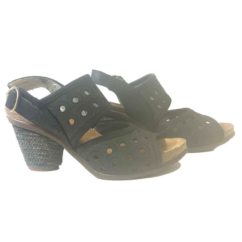 El Naturalista Black Leather Heel Sandal Womens EU 37 US 6.5 Sling Back Open Toe
